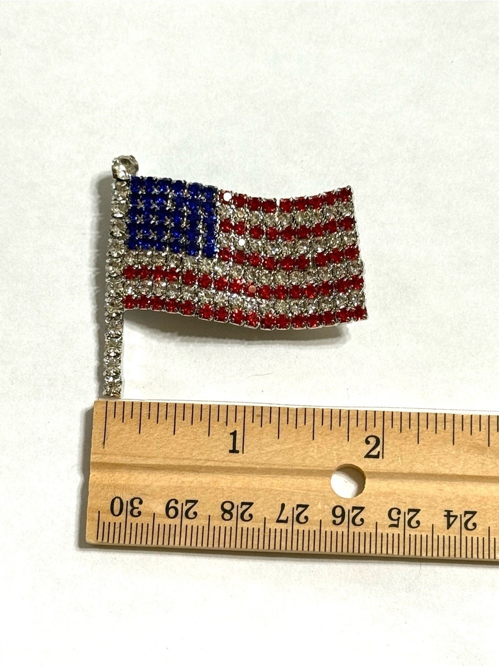 American Flag Rhinestone Pin Brooch Red Blue Clear Patriotic Statement Jewelry - Picture 2 of 6